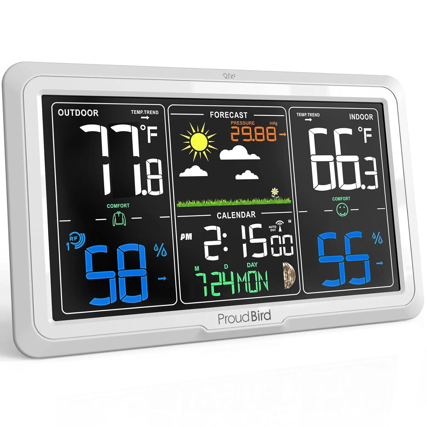 Weather Station Wireless Indoor Outdoor Thermometer, Wide Viewing Angle Home Weather Stations, Colorful Large 7.6" Display, Atomic Clock Weather Forecast Adjustable Backlight, White