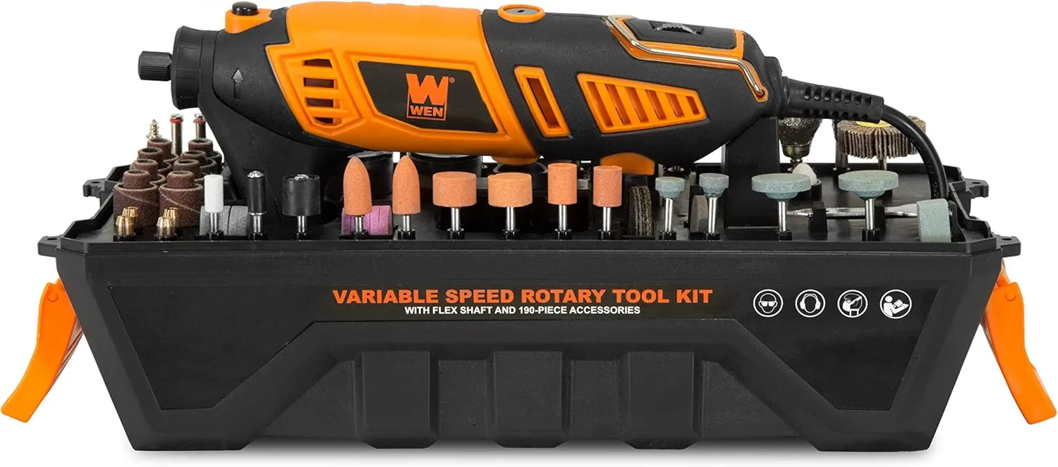 WEN 23190 1.3-Amp Variable Speed Steady-Grip Rotary Tool with 190-Piece Accessory Kit, Flex Shaft, and Carrying Case, Multicolor