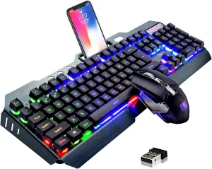 Wireless Gaming Keyboard and Mouse, Rechargeable, Rainbow Backlit with 3800mAh Battery Metal Panel,Mechanical Feel Keyboard and 7 Color Mute Mouse for Windows Computer Gamers