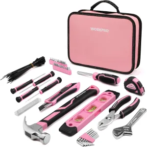WORKPRO Pink Tool Set - 100 Pieces Pink Tool Kit with Easy Carrying Pouch, Household Tool Kit for Home, Apartment, Office, College, Perfect for DIY Projects, Home Maintenance - Pink Ribbon