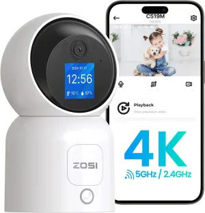 ZOSI 4K Pan/Tilt Smart Security Camera Indoor, Plug in 2.4/5GHz WiFi Camera, 2 Way Video, Motion Tracking, 8MP Baby/Pet Dog Monitor with Phone app, C519M8 360° View Home Cam, Cloud & SD Card Storage